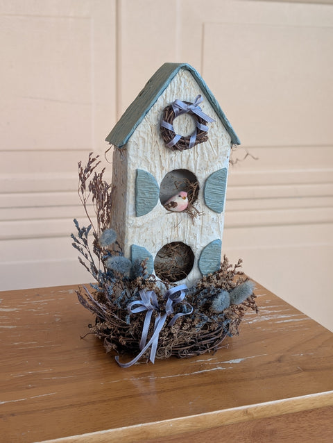 Vintage decorative handcrafted birdhouse two opening with bird and nest decor