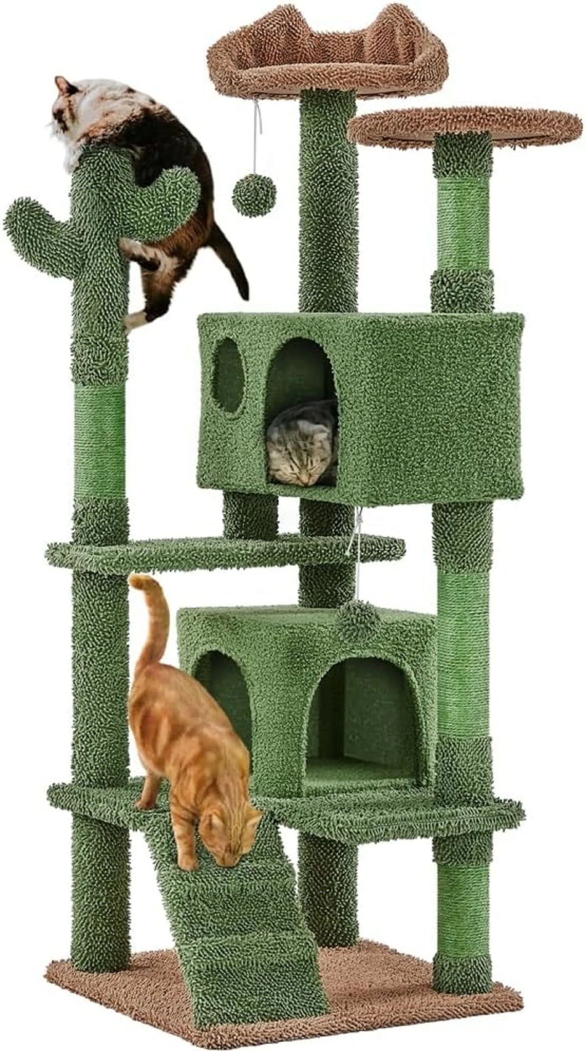 Cactus Cat Tree, 54in Tower w/Ramp, Animal-Ear Shaped Perch, Scratching Posts, Platform & Hanging Ball,Green/Brown