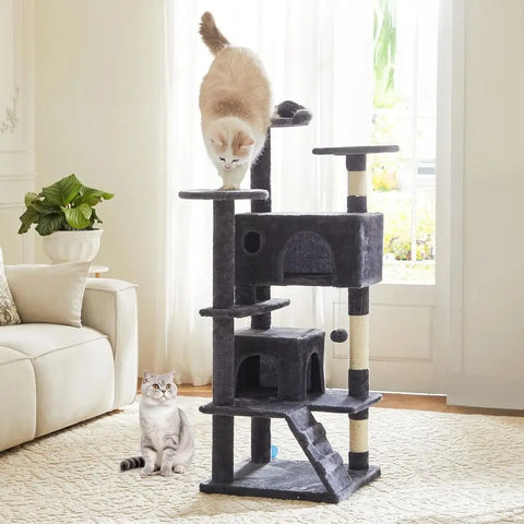 54 Indoor Cat Tower with 2 Condos, Scratching Posts, Platforms, Ladder, and Toys for All Ages Cats - Grey