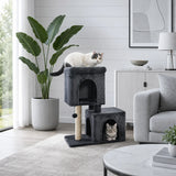 30-Inch Cat Tree with 2 Cozy Condos Sisal Scratching Post Soft Top Perch Hanging Pompom Small Cat Tower for Indoor Kitten Furniture House Cat Toys
