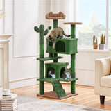 Cactus Cat Tree, 54in Tower w/Ramp, Animal-Ear Shaped Perch, Scratching Posts, Platform & Hanging Ball,Green/Brown