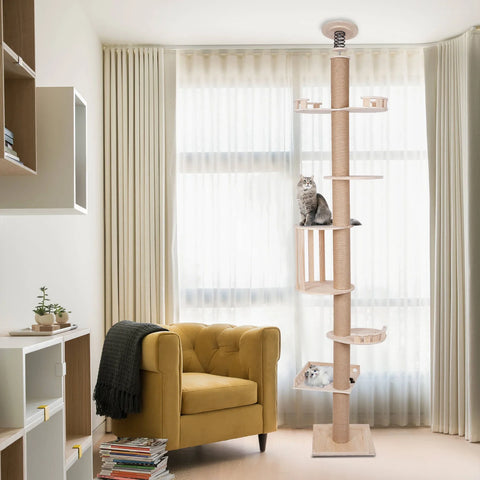 [ Tall Wood Cat Tower] Wood Cat Tree Wall - Pine Wood - With Sisal Scratching Posts - Durable Versatile